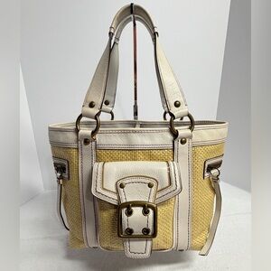Authentic Coach Cream and Straw Tote Bag with Front Buckle Pocket Leather trim